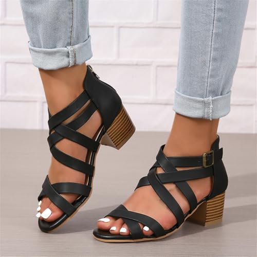 Women's Black Stacked Heeled Cutout Sandals Ankle Buckle Chunky Heel Open Toe Booties Summer Fashion Dress Block Heel Sandal4