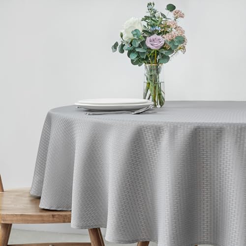Image of maxmill Round Weaved Texture Design Tablecloth Spill-Proof Wrinkle Free Soft Washable Table Cloth for Circular Table Cover, for Dining Room Buffet Banquet Parties Holiday Dinner, 90 Inch Light Grey