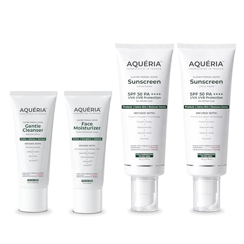 Aquéria French Skincare Kit (Pack of 4) for Acne-Prone, Oily & Combination Skin | Oil Control Brightening French Sunscreen SPF 50 (50g x 2) | 5% Niacinamide & Ceramides Face Wash (20ml) | Oil-Free Gel Moisturizer (15g) | Fragrance-Free, Lightweight, Non-Greasy, No White Cast, Dermatologist Validated