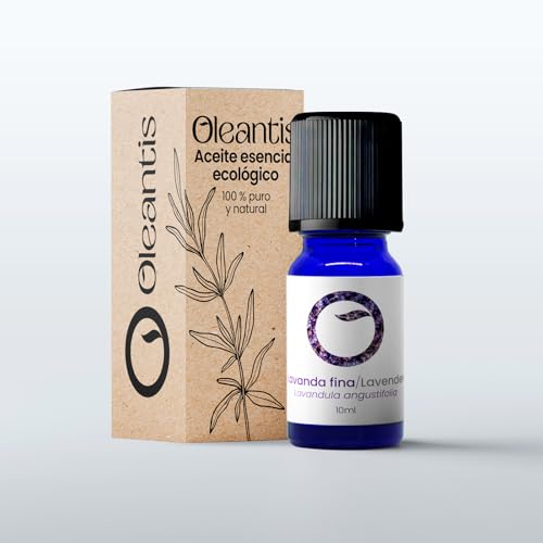 Oleantis Aceite Esencial de Lavanda Fina Ecológico, 10ml, Certificado CAAE, Aceite Puro BIO Natural para Aromaterapia y Cuidado Personal, Calmante, Cicatrizante, Antiséptico.