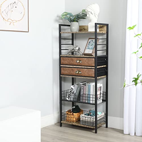 Yuyetuyo Bookshelf Industrial Retro Wood Bookcase With 2 Drawers And Wire Baskets, 4 Tier Free Standing Book Storage Shelf Display Rack For Living Room Bedroom Office, Rustic Brown #TOP6