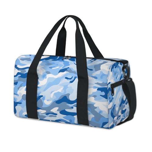 Camo Print Blue Travel Duffel Bag for Women and Men, Sport Tote Gym Bag Carry on Weekender Overnight Bags