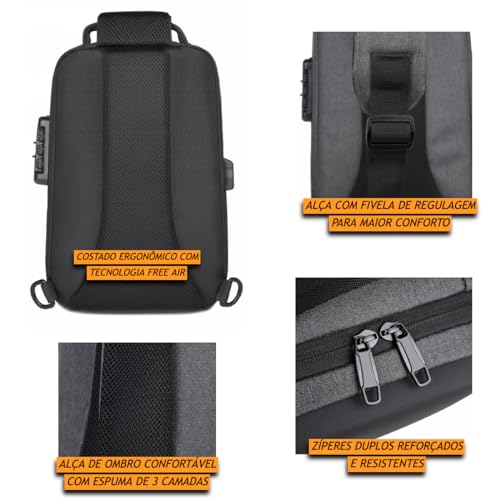 TOKSHOP Mochila Transversal de Ombro Lateral Anti Furto Impermeável Shoulderbag Tiracolo Unissex com