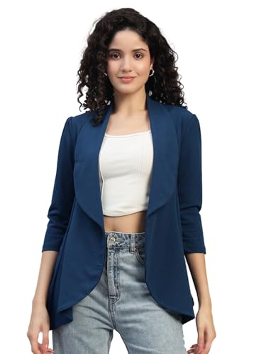 Image of Cotton Blend Women's Single Breasted Relaxed Fit Shawl Collar 3 /4 Sleeve Blazer
