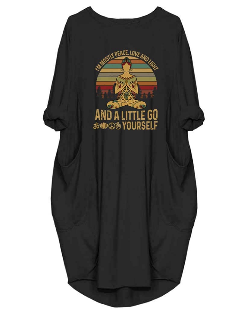 JiaMaWomens I'm Mostly Peace Love and Light and A Little Go Print Long Sleeve Loose Pocket Oversize Tunic Dress