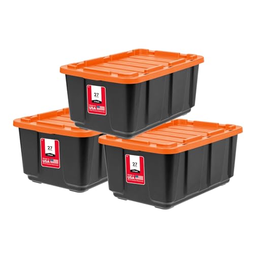 IRIS USA 27 Gallon Heavy Duty Truck Bed Toolbox Storage Tote Bins with Lids, 3 Pack - Made in USA,...
