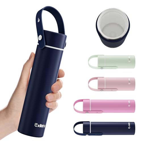 Exllena Botella pequeña de 300 ml con revestimiento de cerámica – Mini termo con mango de silicona ajustable – 100% a prueba de fugas – Ideal para bebidas carbonatadas, café, leche y zumo (azul oscuro