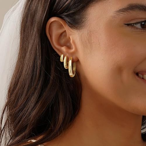 Small Hoop Earrings for Women Trendy - Dainty Gold Earring Chunky 14K Gold Plated Hypoallergenic Huggie Hoops Earrings Set for Women No Tarnish Gold Jewelry Gift