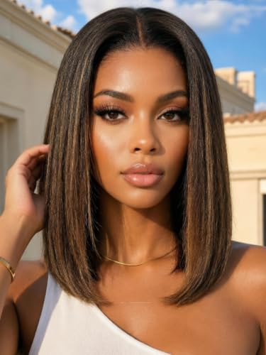 Image of KLAIYI Bye Bye Slip Yaki Straight Bob Wig Glueless Ombre Highlight Balayage Brown Precut 7x5 Lace Front Wigs Human Hair Drawstring Pre Plucked Bleached Knots Ready to Wear and Go Beginners Wig 10Inch