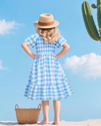 LQSZ Girls Dresses Plaid Smocked Dress Girls' Short Sleeve Summer Dresses for Kids 2-12Y3