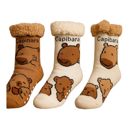 Boys & Kids Slipper Socks – Cozy Sherpa Lined Thermal Socks with Non-Slip Soles – Cute Capybara Winter Designs – Warm Indoor Socks for Children