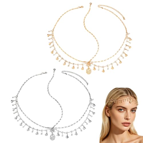 JININOSEU 2 Stück Kopfschmuck Haarkette Verstellbare Göttin Kopfkette Gold und Silber Wahrsagerin Accessoires Strass Muscheln Quaste Haarkette Boho Festival Kostüm für Partys Hochzeiten