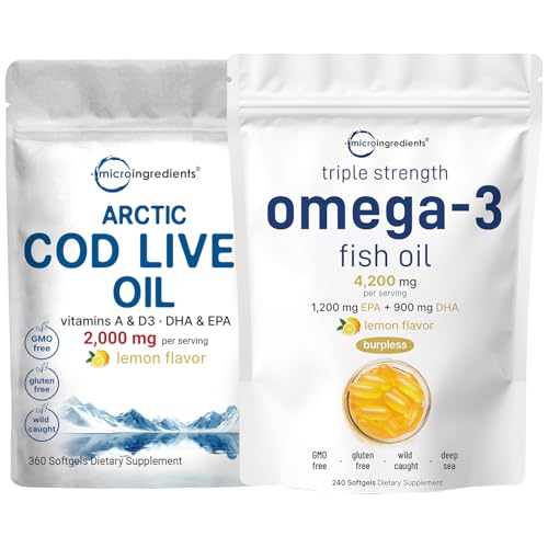 Triple Strength Omega 3 Fish Oil Supplements 4200mg Per Serving & Cod Liver Oil 2,000mg Per Serving, 360 Softgels | Lemon Flavored β Burpless β Wild Caught β Arctic Deep Sea Fish