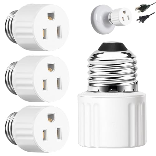 3 Packs Light Socket Plug Adapter 3 Prong Light Socket to Plug Adapter E26 Light Bulb to Outlet Socket Converter 2/3 Prong Screw in Outlet Socket for Camera Garage Porch White