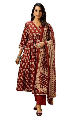 Kurta pour femme en coton marron Janasya robe longue fleurie coupe A-line