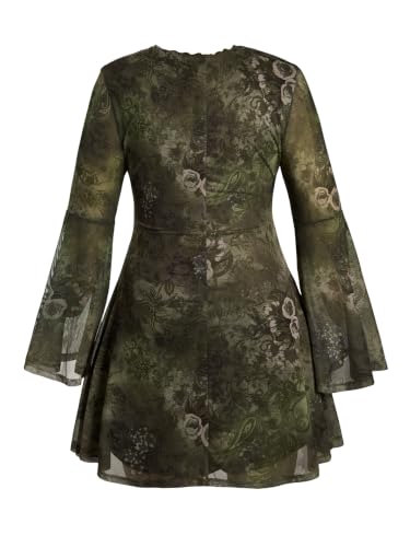 Image of BEAUDRM Women's Y2k Hippie Vintage Boho Dress Leopard Bell Long Sleeve V Neck Bow Mesh Goth Mini Dresses
