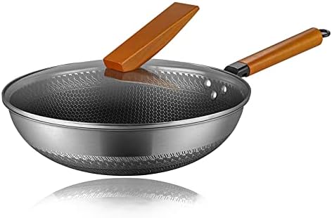 JEMPSEY Stainless Steel Wok Pan with Lid - NonStick Cooking Frying Pan, 12.5" Stir Fry Wok with Detachable Wooden Handle for Electric, Induction, Ceramic & Gas Stoves