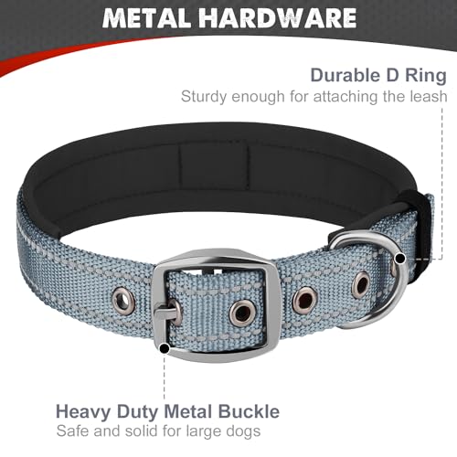 Joytale Halsband Hund, Weich Hundehalsband Gepolstert Neopren Hunde Halsband für Mittelgroße Hunde, Nylon Reflektierend Breit Halsbänder, Grau