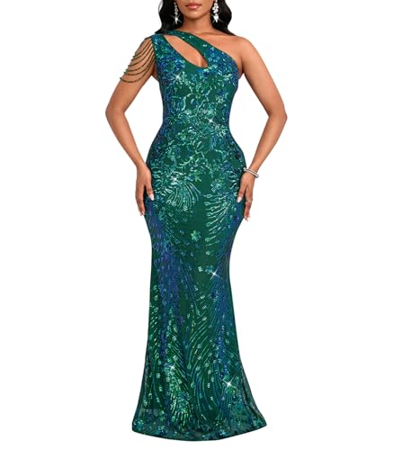 Image of Cololura Women Sequin Elegant Sexy One Shoulder Tassel Mermaid Bodycon Cocktail Evening Dress