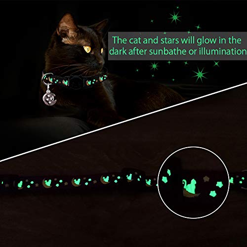 2Pcs Breakaway Cats Collars With Bell Moons Stars Adjustable Kitten Collars With Pendant Glow In The Dark (Purple+Black) #TOP3