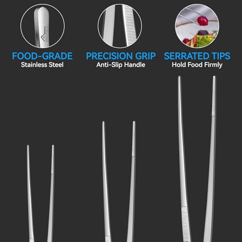 HOTEC Kitchen Tweezers Tongs Stainless Steel Professional Chef Tweezers, Set of 3-6.3\", 10\" and 12inch Food Tongs for Cooking, Repairing, Dessert, BBQ, Meat, Pasta