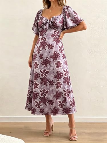 Image of Fashionme Womens Dresses 2026 Maxi Dresses Deep V Neck Elegant Bow Tie Front Cap Sleeve Summer Floral Satin Smocked Dress