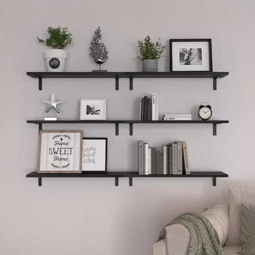 Image of WOPITUES 24'' Long Floating Shelves for Wall Decor & Storage, Black | Wood Farmhouse Book Shelves for Bedroom, Bathroom, Living Room, Kitchen, Office, Laundry Room, Study Room Display, 6Pcs