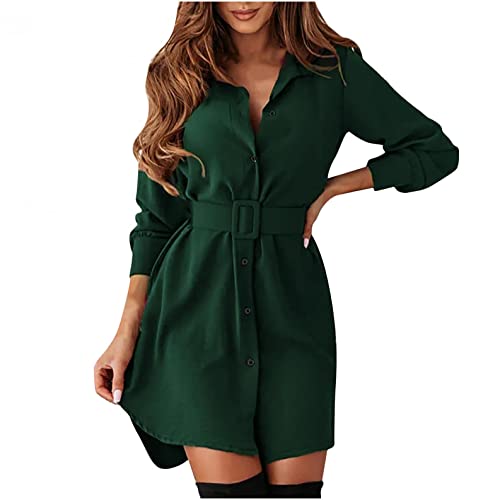 Shirt Dress with Belt for Women Button Down Long Sleeve Lapel Solid Color High Low Hem Business Blouse Dresses Green