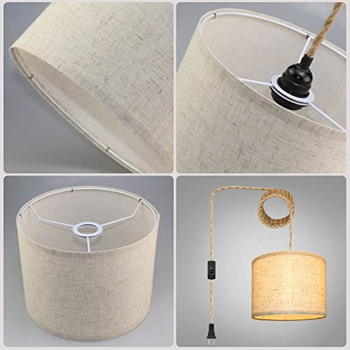 Plug In Pendant Light, Hanging Lights With Plug In Cord, Hanging Lamp With 15Ft Hemp Rope, On/Off Switch, Beige Linen Shade, Hanging Light Fixture For Bedroom, Living Room, Dining Table 2 Pack #TOP6