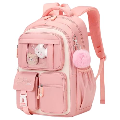 Image of MATMO Multi-Pocket Girls Boys School Backpack Kids Student Bookbag Travel Daypack (Pink with White)