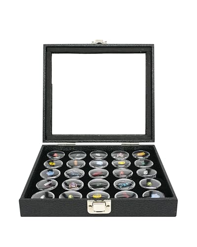 Novel Box Gem Display Case 8.25x7.25x2 + Small Size 25 Gems Jars | Fossil Display Case with Lid & Black Tray Foam Liner | Rock Storage Box with Metal Clasp | Display Cases for Collectibles