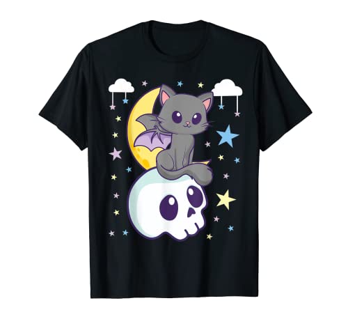 Pastel Goth Gato Cráneo Halloween Gato Negro Divertido Anime Gato Camiseta