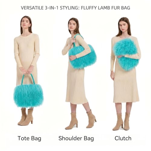 Image of Women Luxury Real Lamb /Mongolian Flush Wool Fur With Genuine Leather Handles Handbag