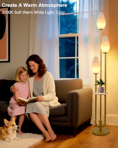 Image of Gold Floor Lamp with Tray, 3-Lights Dimmable Floor Lamps with Rock-Shaped Shade, Unique Candle Holder Style Modern Tall Standing Lamp with 5Lbs Heavy Base for Living Room /Party(Bulbs Included)