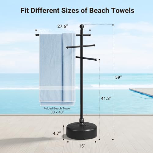 ELYKEN Pool Towel Rack Outdoor, 59" Outdoor Towel Rack with 3 Adjustable Bars, Pool Towel Holder with Weighted Base, Freestanding Towel Dying Rack Towel Stand for Poolside, Spa, Hot Tub, Black by ELYKEN - Used condition - Image 2