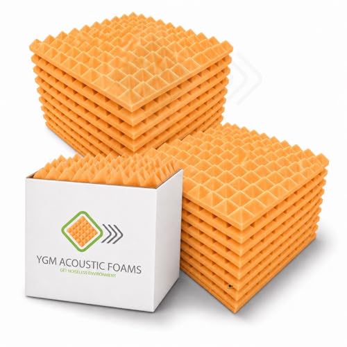 Image of YGM Acoustic Foams Pyramid Acoustic Panels 1 Foot x 1 Foot x 1 inch Thick | 50 Density Acoustical Sound Proof Foam for Room & Studio | Echo Reduction & Noise Absorption (Orange, Set of 27)