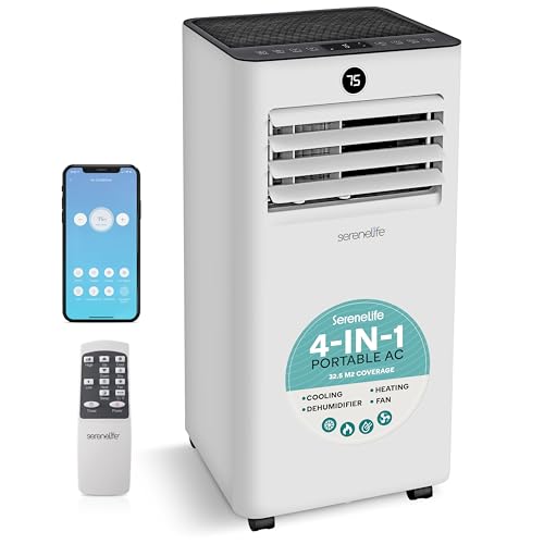 SereneLife 7000 BTU Portable Air Conditioner and Heater, 4-in-1 Unit with Dehumidifier and Fan, WiFi Function, Mini AC Unit for 162 Sq. Ft., Includes Remote Control and Window Mount Kit