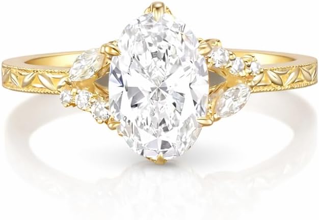 Engraved Oval Cut Moissanite Engagement Ring 18K Yellow Gold Cluster CZ Diamond Wedding Jewelry Art Deco Floral Promise Gift Ring