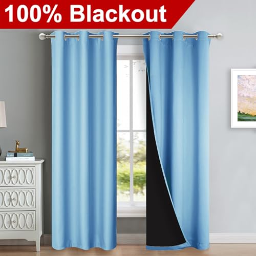 Image of NICETOWN Full Shade Curtain Panels, Blue, 37 inch Wide x 84 inch Long, Pair of Thermal Insulated & Energy Efficiency Blackout Curtains for Living Room Windows, Lined Silky Performance Window Dressing