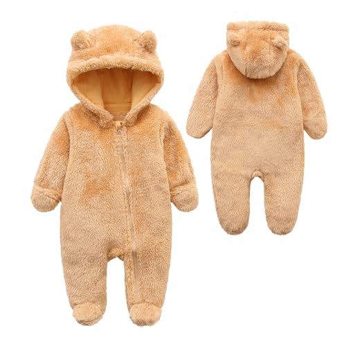 Image of Baby Furry Jumpsuit Infant Bear Onesies Zipper Long Sleeve One-Piece Romper Hoodie Baby Outwear Snowsuit