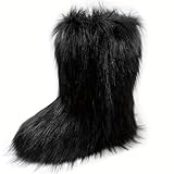 MH Bailment Faux Fur Boots for Women Fuzzy Fluffy Furry Fashion Winter Shorty Mid-Calf Snow Boots Flat Shoes (Black, 9, numeric_9)