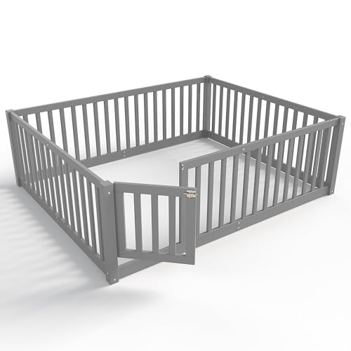 Bellemave Full Size Kids Montessori Floor Bed with Door,Solid Wood Floor Bed Frame with High Fence for Girls,Boys,Gray by Bellemave - Image 7