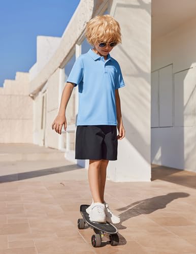 Arshiner Jungen Poloshirt Kurzarm Schuluniformen Kinder Weiches Elastisches Polohemd mit Knopfleiste & Brusttasche, Herbst Oberteil Hellblau,10-11 Jahre