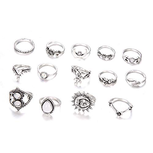 super1798 Conjunto de anéis feminino vintage de girassol e lua, de articulação, joias de festa, 14 p