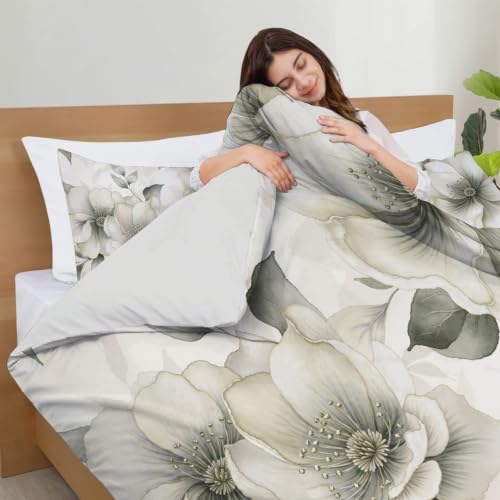 Parure de lit 220x240cm imprimé fleurs de magnolia gris chic - 8