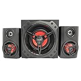 LEDs alrededor de subwoofer y satélites para crear una atmósfera envolvente. Con 3 modos de iluminación; Panel de Control (volumen, graves, agudos, reproducción, fuente de entrada, etc)