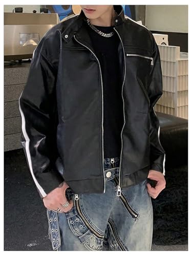 Men's Side Stripe Faux Leather Jacket Zip Up Motorcycle Coats Outerwear Streetwear4