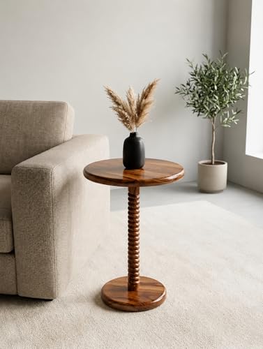 Image of REDWOOD Sheesham Wood End Table | Round Sofa Side Table for Living Room, Bedroom & Lounge | Modern Accent Unit with Decorative Turned Pedestal Base | Compact Space Saving Furniture | Walnut Finish