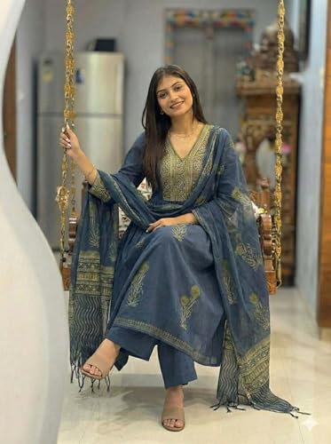 Image of ANNI Designer Women Printed Gathered Kurta Palazzo Dupatta Set Viscose Blend Kurti Suit Ladies Ethnic Wear for Festive Office Casual Use