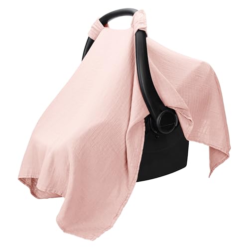 Image of Comfy Cubs Baby Car Seat Cover - Soft, Breathable Bamboo Rayon and Muslin Cotton Blend - Lightweight Canopy for Sun, Bug, and Comfort Protection - Large Size Infant Seat Cover in Lace Design